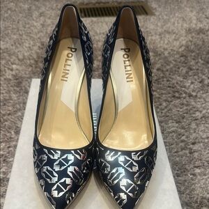 Pollini NEW Navy Blue and Silver Heels with Classic Pointed Toe